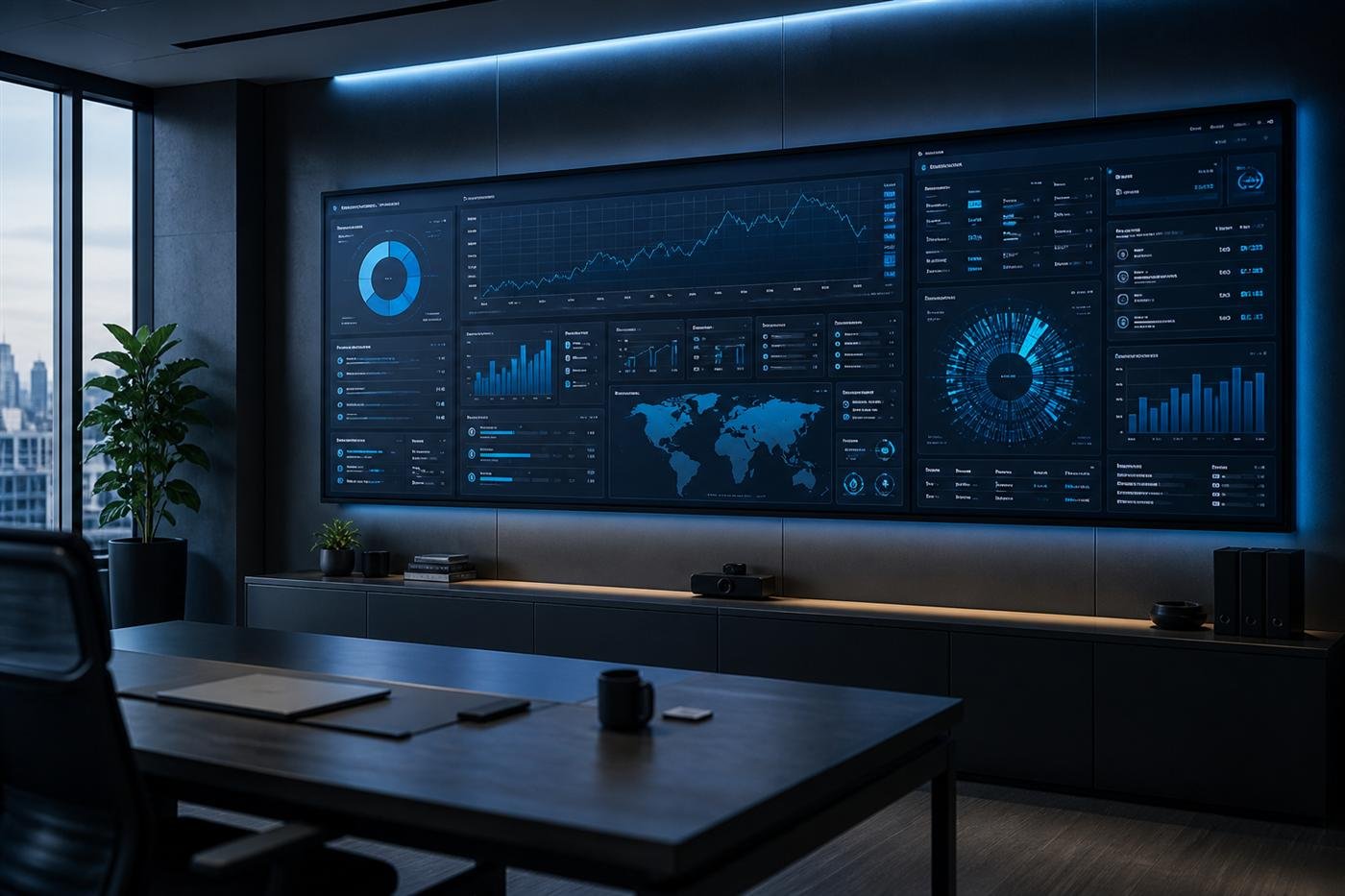 Strategic product dashboard with global maps and analytics in a dark cyan-lit studio